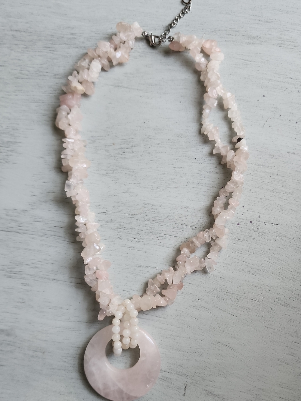 Rose Quartz Bead Necklace with Donut Pendant Natural Stone
